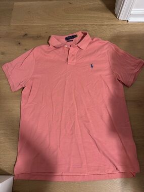 Polo by Ralph Lauren Men's Short Sleeve Coral Pink Polo with Blue Pony